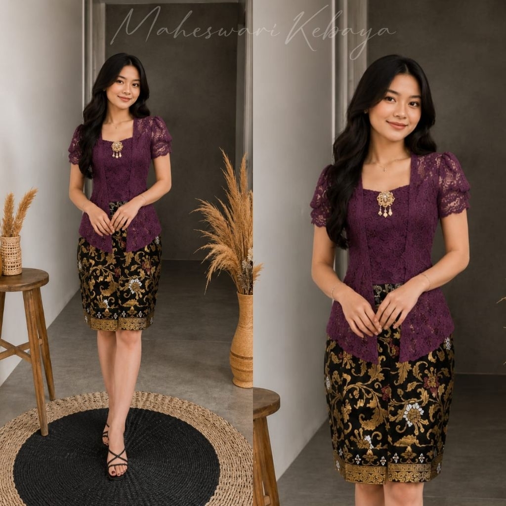 Kebaya Bali Set Brukat Lilit Ungu juwet Rok Pendek