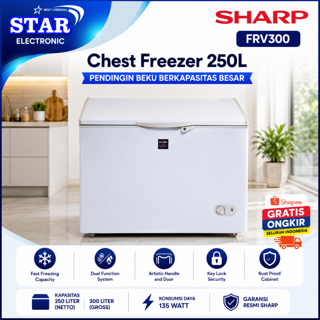 CHEST FREEZER SHARP FRV300 250L/FRV-300/FRV 300/FRV-300/FRV300/FREEZER AWET/GARANSI RESMI ORIGINAL