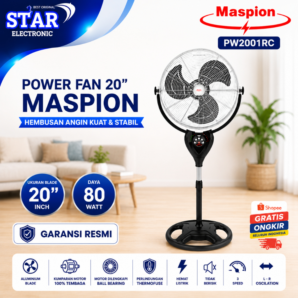 MASPION KIPAS ANGIN PW2001RC - StandFan 20inch/PW-2001-RC/PW2001RC/MASPION ORIGINAL BERGARANSI RESMI