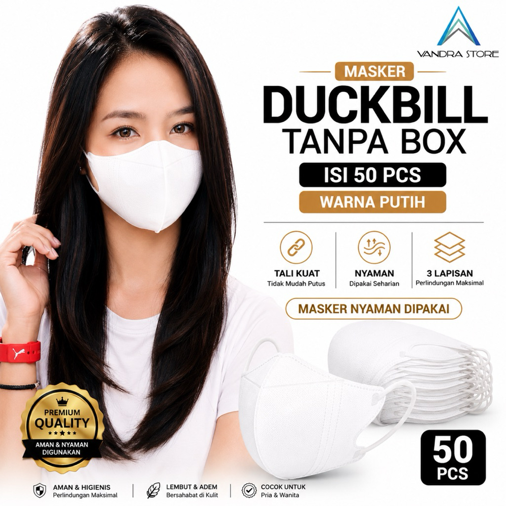 Masker Duckbill Polos 3 Ply Isi 50 PCS Tanpa Box, Tali Kuat, Tanpa Embos