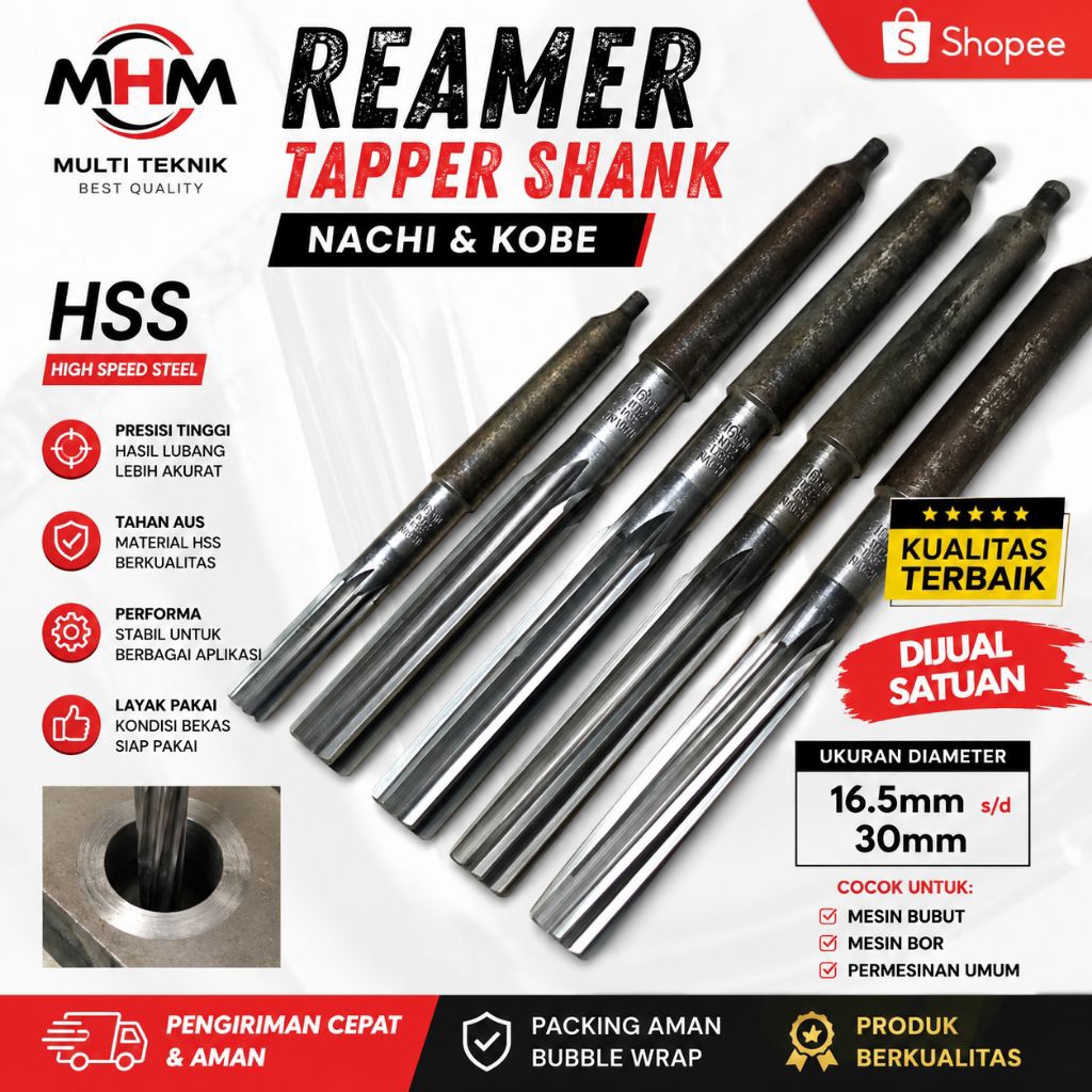Reamer HSS Taper Shank Diameter Mesin Bubut Milling Bor Finishing Lubang Bekas Layak Pakai