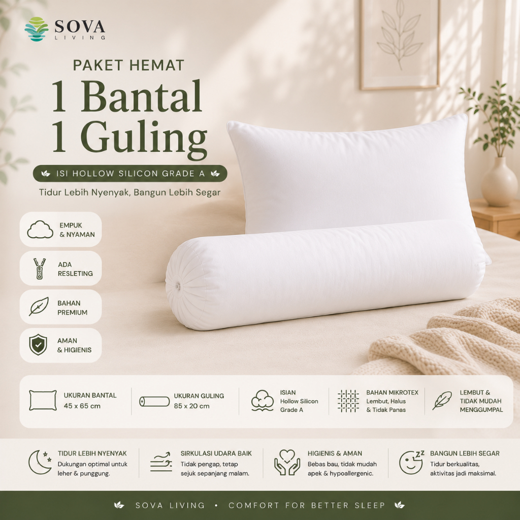 SOVA LIVING Set Bantal & Guling Tidur Silikon Premium | Microtex Empuk Resleting Comfort for Better 