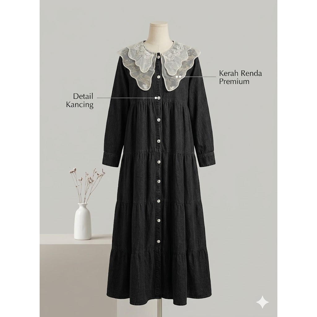 Gamis Denim Renda Premium