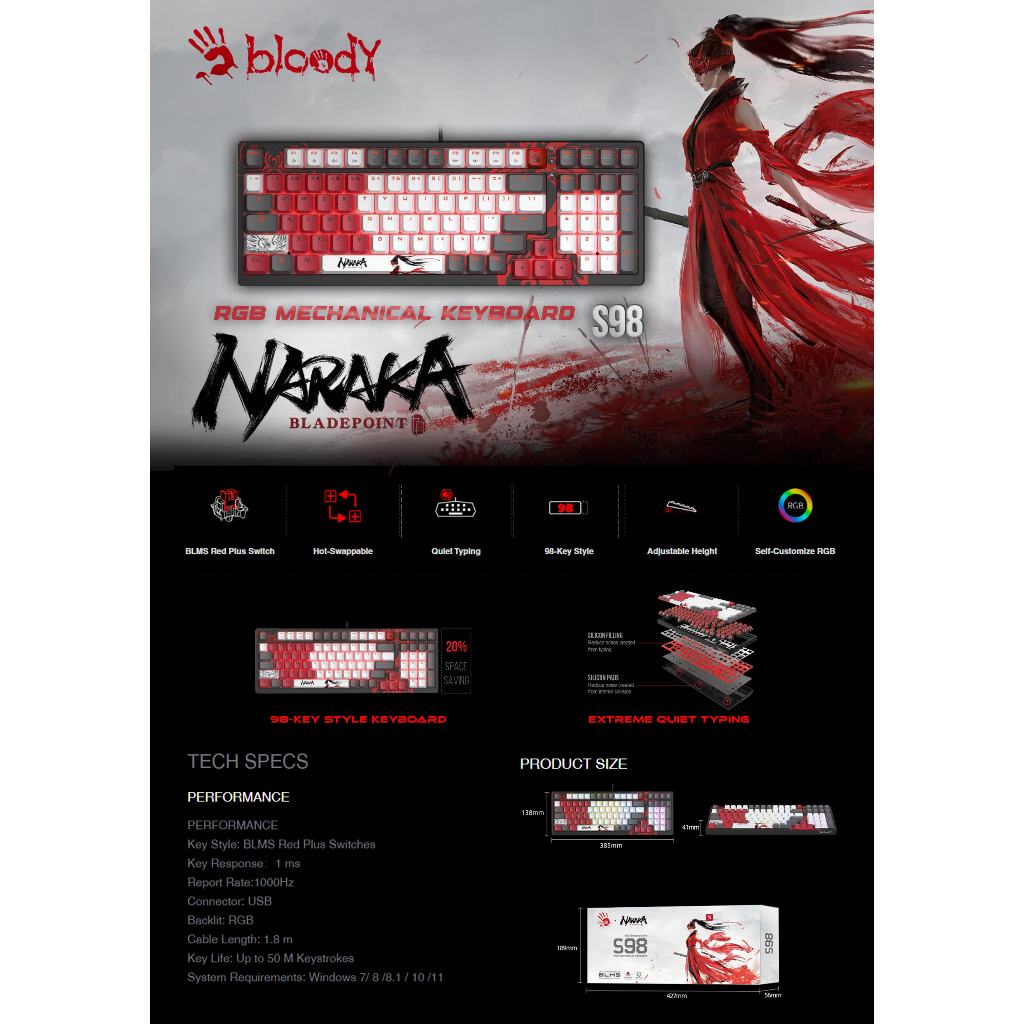 Keyboard Bloody Gaming RGB Mechanical Keyboard S98 Naraka