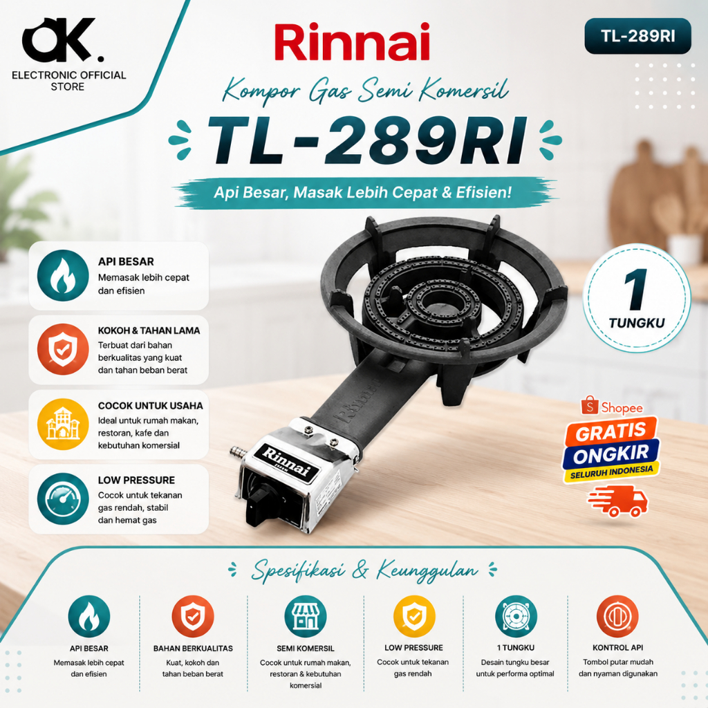 KOMPOR GAS RINNAI SEMI KOMERSIL TL 289 RI/TL289RI/TL 289RI/TL 289 RI/TL-289RI/ORIGINAL/GARANSI RESMI