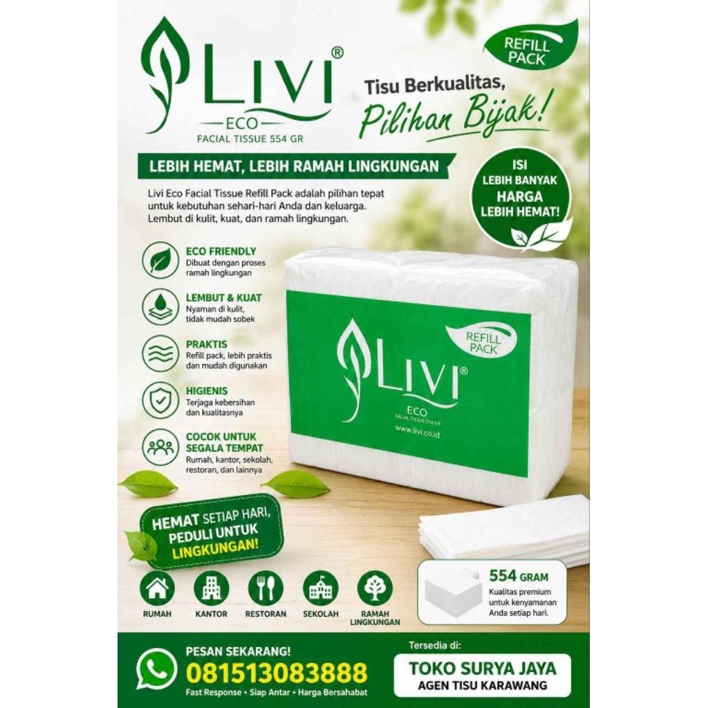 Tisu Wajah Livi Eco Facial Tissue Refill Pack 554 Gram | Tisu Refill Premium Lembut Tebal Hemat | Ti