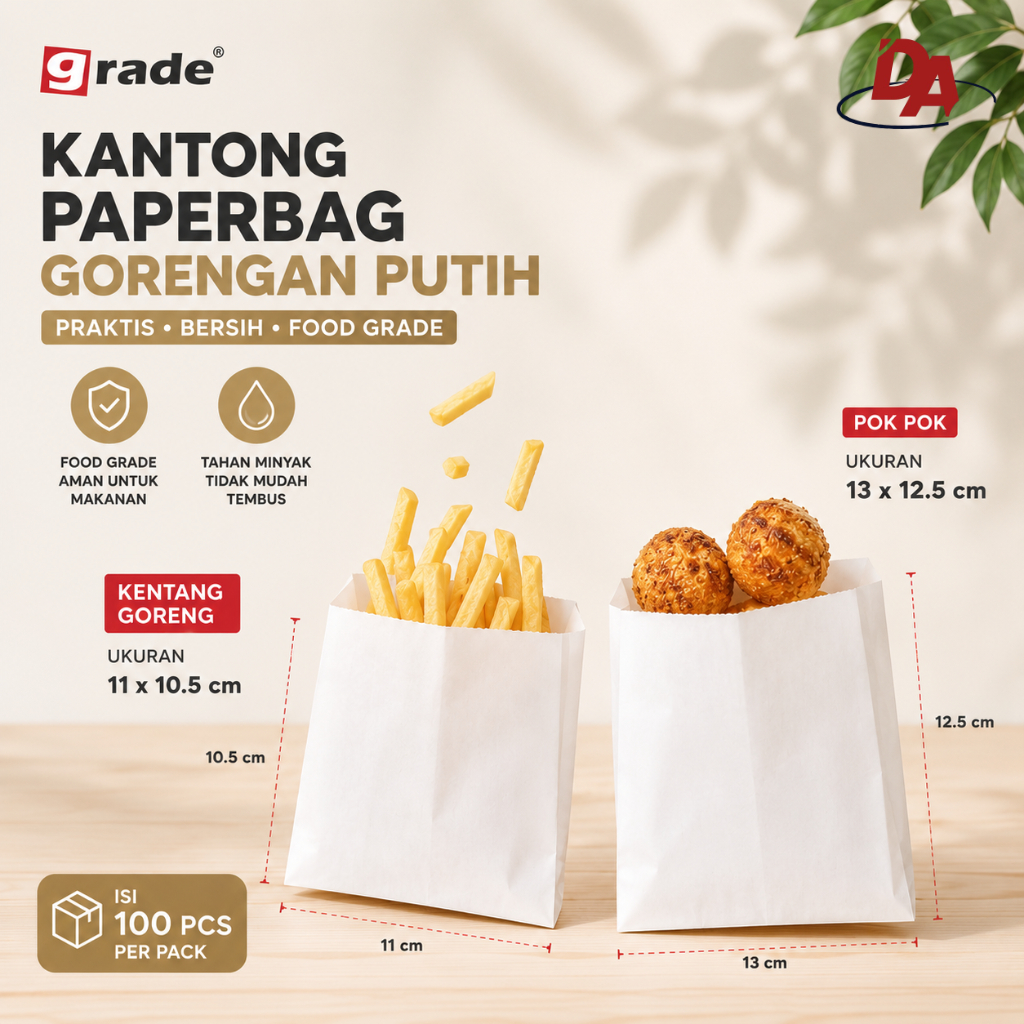 Kantong Kertas Kentang / Pok Pok / Paper Bag Kentang / Kantong Makanan/Gorengan Putih Polos isi 100 