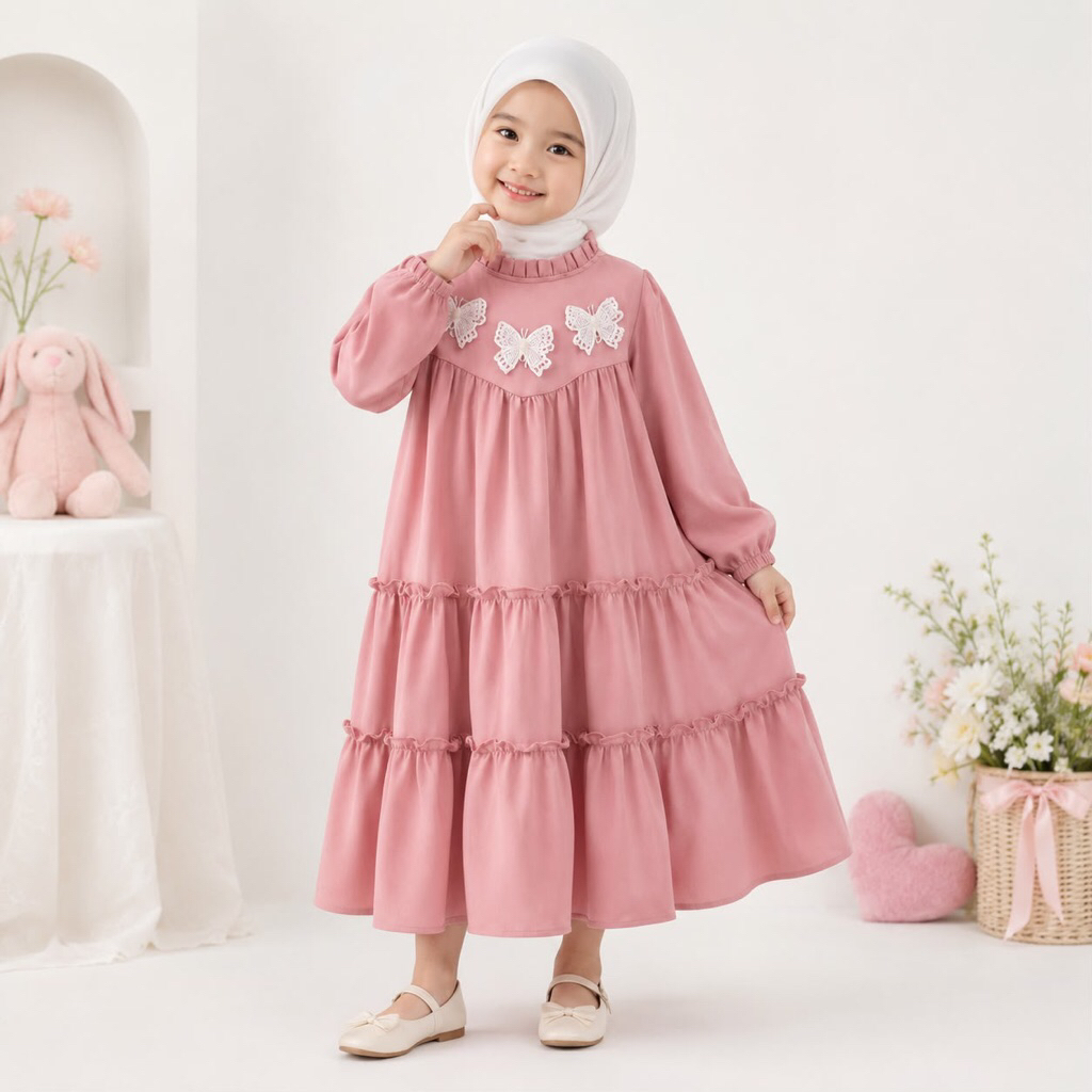 Gamis Rayon Twill Anak Kombinasi Pita Bordir Tempel || Gamis Anak Bahan Rayon Twill Kekinian Adem Ny