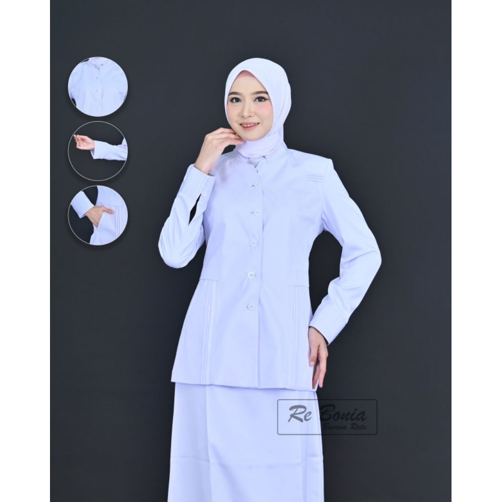 Seragam PDH Putih Rok Putih Re Bonia , Seragam ASN ,Guru,RS, Bidan,Seragam NAKES Putih Rok Putih Wan