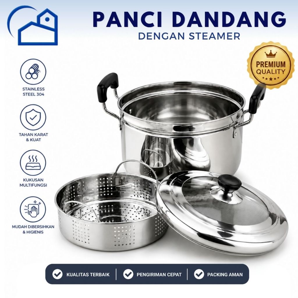 HOMESTATION - Panci Kukusan Tutup Kaca Ukuran Besar Panci Kukus 2 Susun Stainless Steel Dandang Panc
