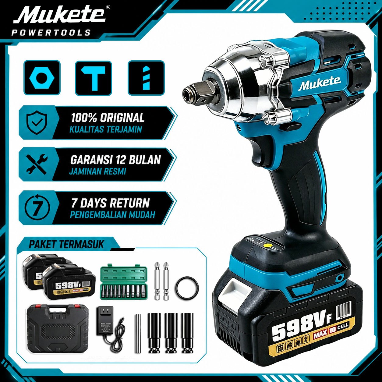 Mukete 700N/M Impact Wrench Brushless Impek Pembuka Baut Bor Cordless Impact Baterai Impek Baterai 3