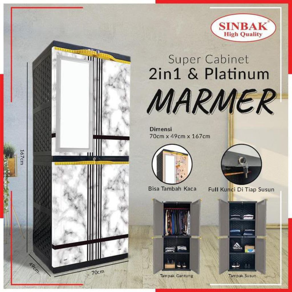 Lemari sinbak super cabinet + KACA motif marmer PUTIH
