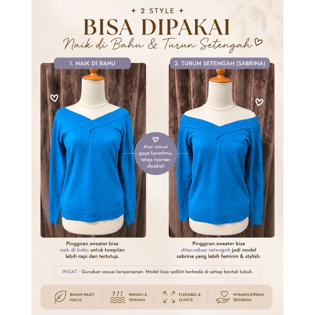 Sweater Rajut Sabrina V-Neck Wanita Premium | Lengan Panjang | Rajut Halus | All Size