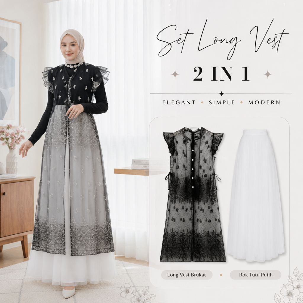 Setelan Vest Long Tunik Brukat + Rok Tutu Putih Ootd Hari Raya Outer Brukat Hitam Style Hijab Wanita