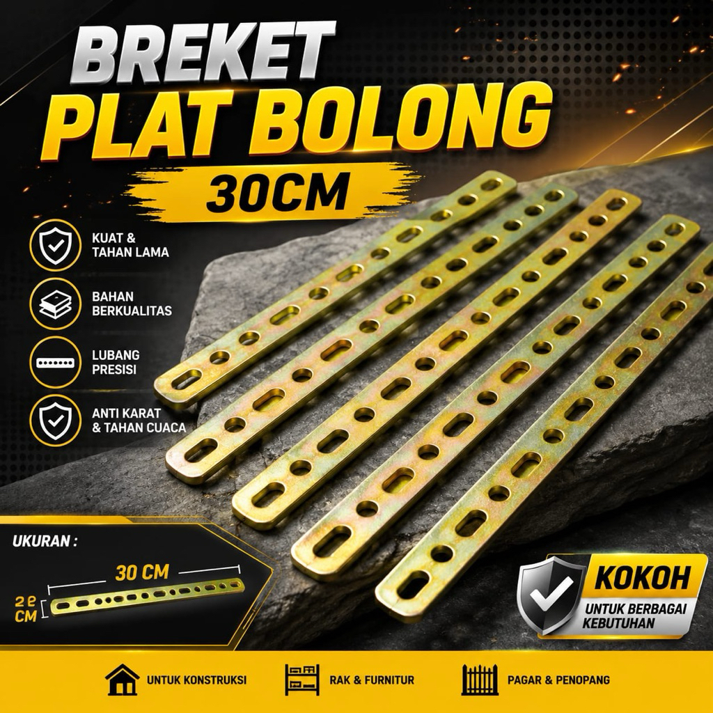 PLAT BESI BOLONG BOLONG 30 CM PLAT BESI KUNING BOLONG PLAT BREKET BESI KUNING