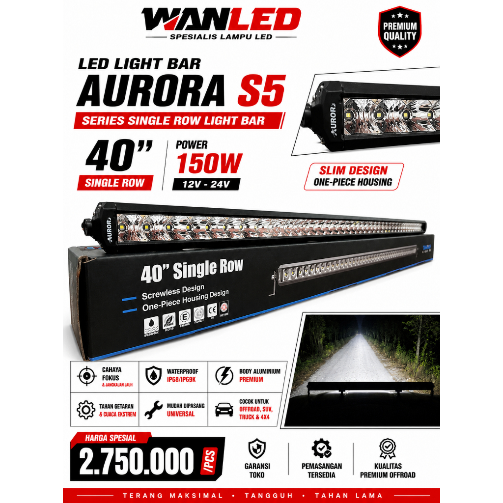 LED LIGHT BAR AURORA S5 SERIES SINGLE ROW LIGHT BAR 40 INCH 150 W 12-24 V