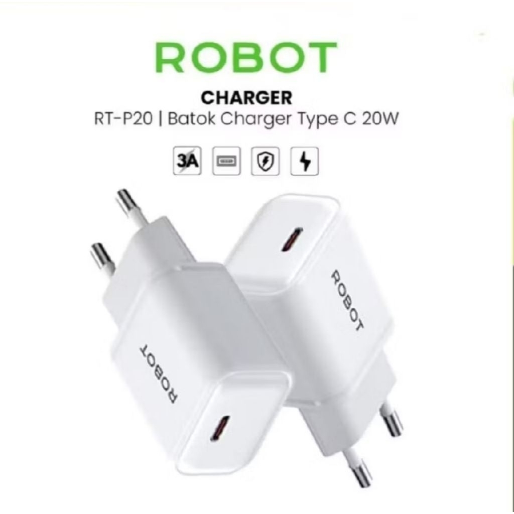 ROBOT RT-P20 Charger Adapter 20W PD Fast Charging USB Type-C Original Kepala Cas 3A iPhone Android