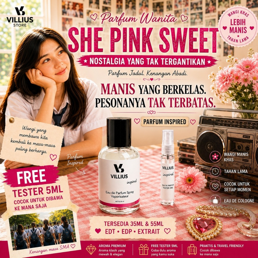 Parfum Jadul She Pink Sweet Merah Muda Aroma Parfume Wanita Wangi Tahan Lama Edt Edp Extrait 35ml 55
