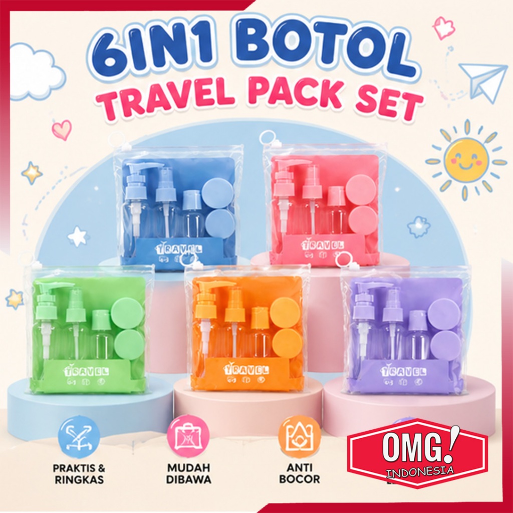 Botol Travel Pack 6 in 1 Tempat Refill Sabun Shampoo Cair Lotion Kosmetik Skincare Sunscreen Wajah P