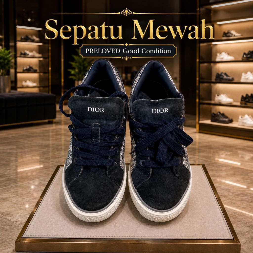 Sepatu Sneakers High-Top Biru Tua Dior PRELOVED, Sol Putih, Desain Mewah