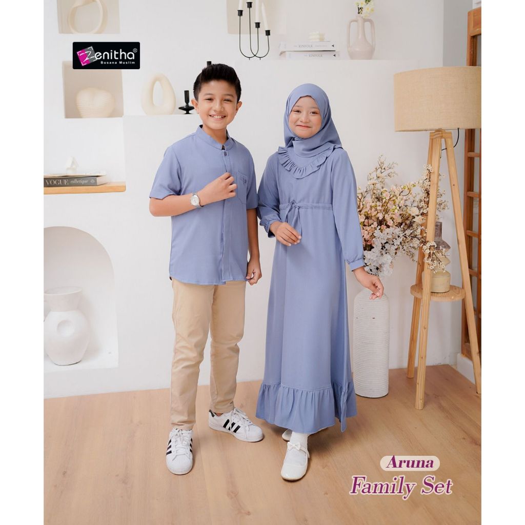 Zenitha - Aruna Denim/Abu Sarimbit Keluarga Lebaran Couple Family Set Premium