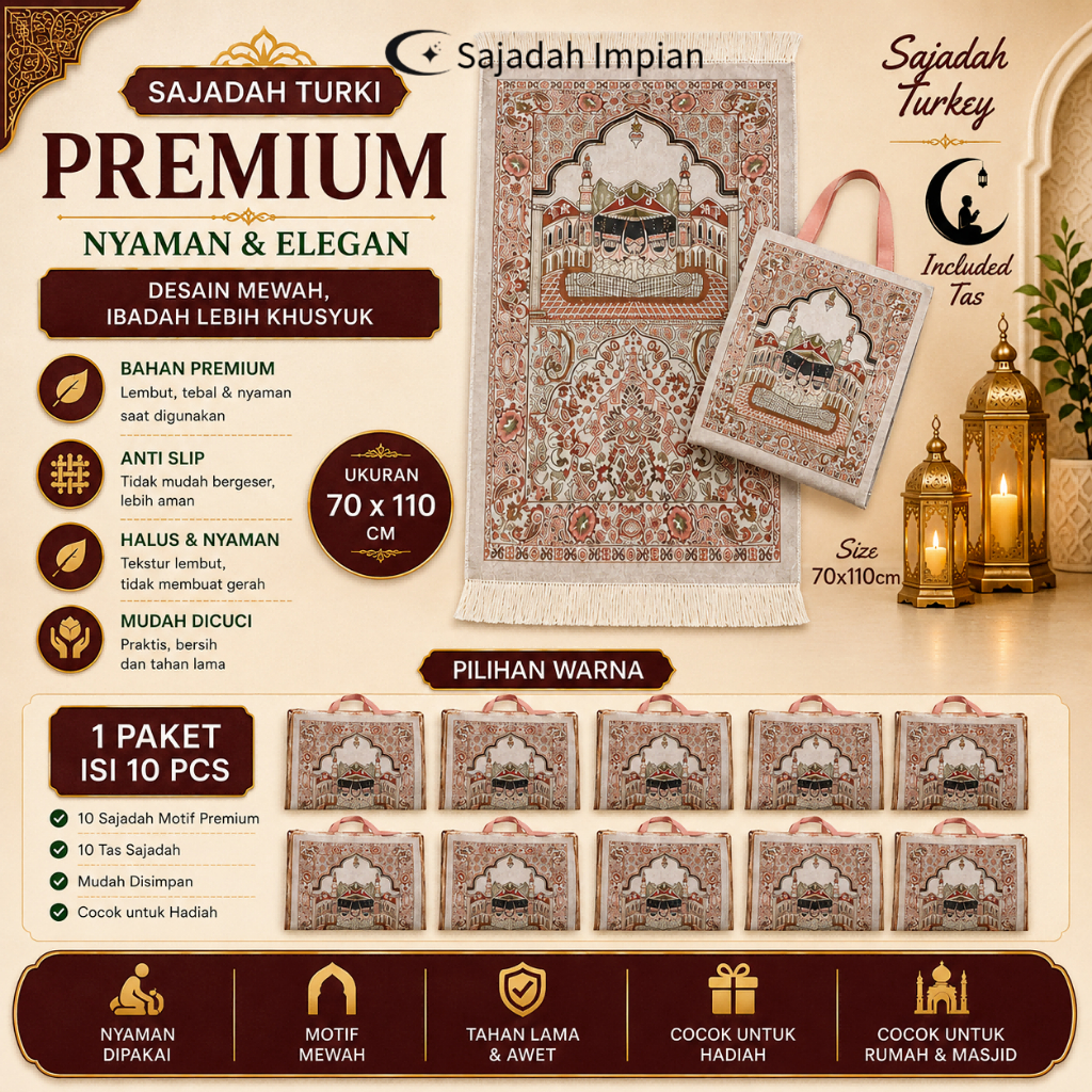 Sajadah Turki dengan Tas Travel Fashion Muslim Import Ukuran 70x110 cm Isi 10 Pcs