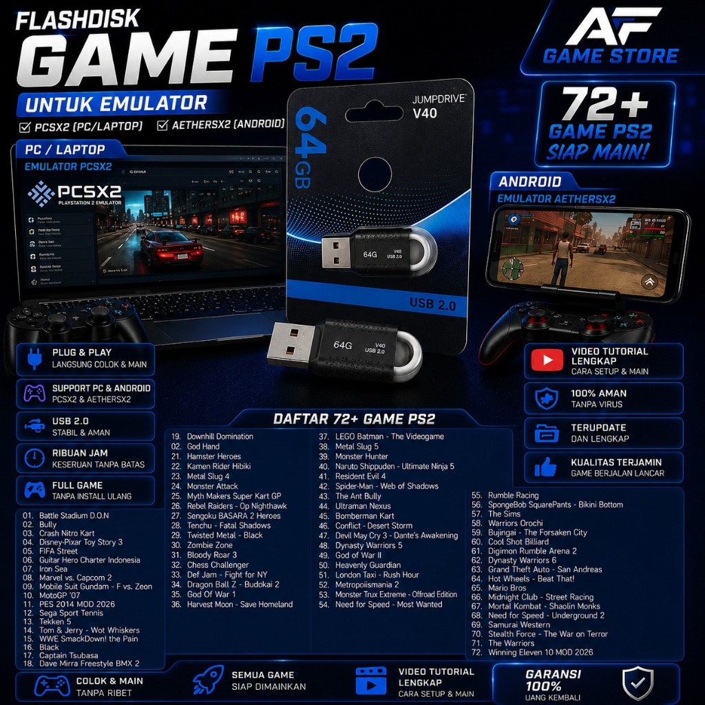 Flashdisk Game PS2 64GB USB 2.0 Untuk Emulator PC dan Android, 72+ game