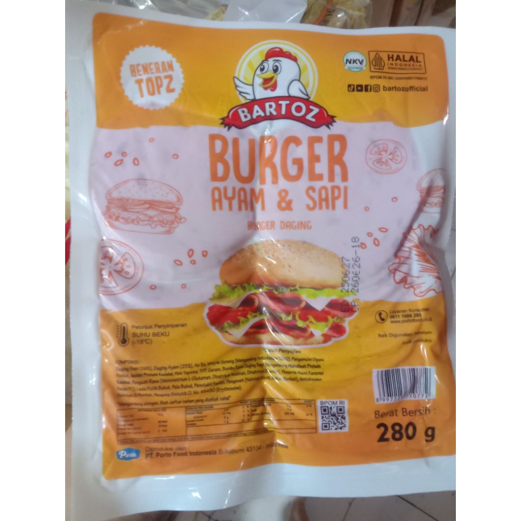Bartoz Burger Sapi 280gr - Daging Sapi Pilihan, Praktis untuk Makanan Sore