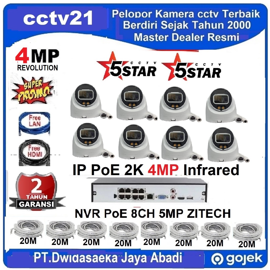 Paket Lengkap 8 IP Kamera PoE IR 4MP +NVR 8Ch 5MP HDTV+LAN -Harga Promo cctv21 cctv21