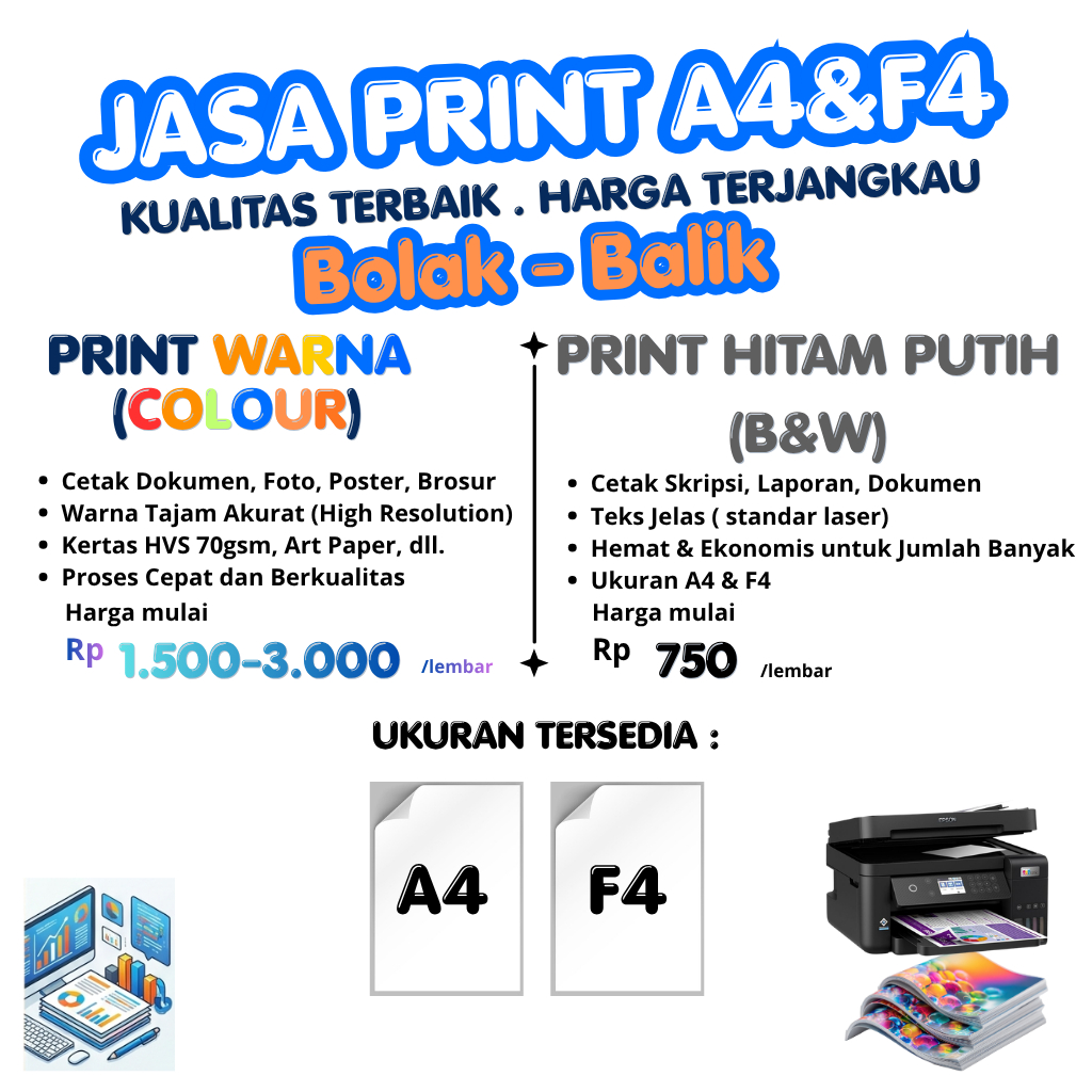 Jasa Print A4 F4 Bolak - Balik Warna & Hitam Putih, Kertas HVS 70gsm, Proses Cepat Berkualitas