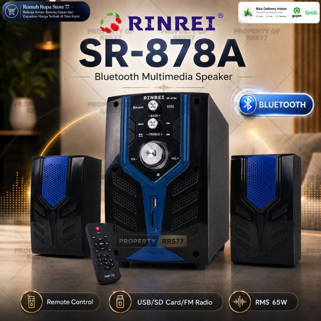 Speaker Multimedia RINREI SR-878A Remote Control RMS 65 W Bluetooth Subwoofer Super Bass Blue Black 