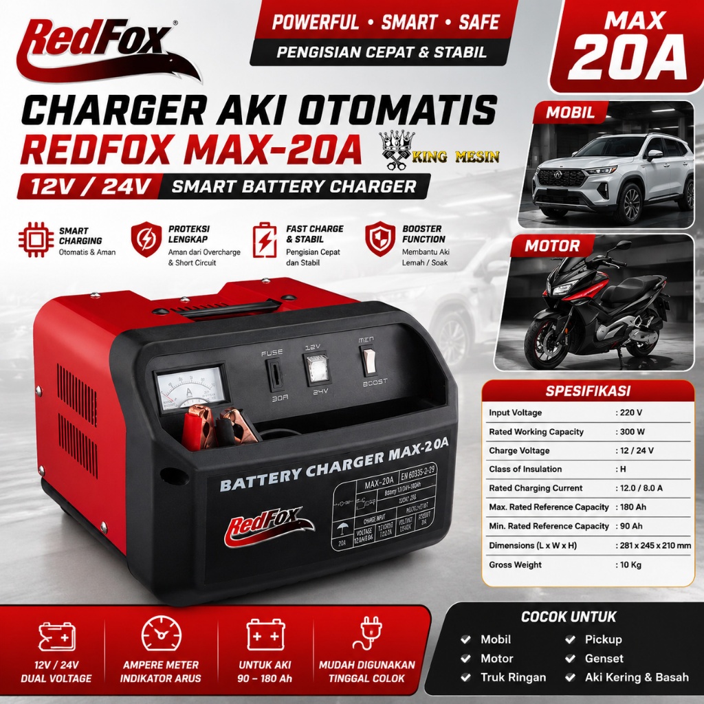 RedFox MAX-20A Charger Aki Otomatis 12V 24V | Battery Charger Cas Aki Mobil Motor Booster Accu