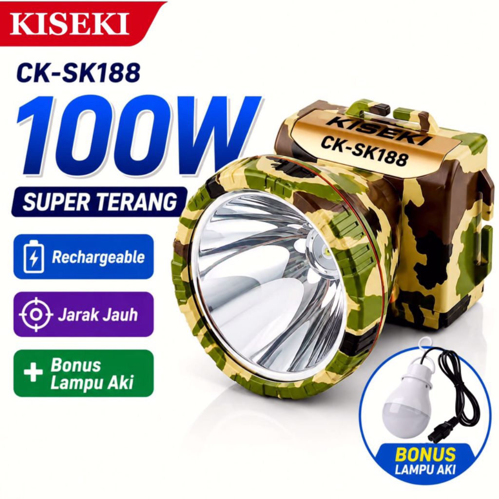 Senter Kepala KISEKI CK-SK188 100W Rechargeable Headlamp LED Super Terang Jarak Jauh Bonus Lampu Aki