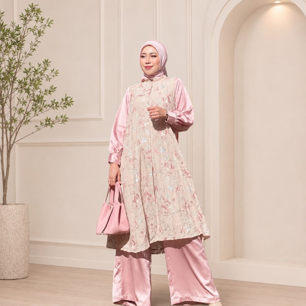 MDLY Nashwa Aezaa One Set Bahan Cotton Bordir Lux Kombinasi Exclusive Silk Celana Setelan Wanita One