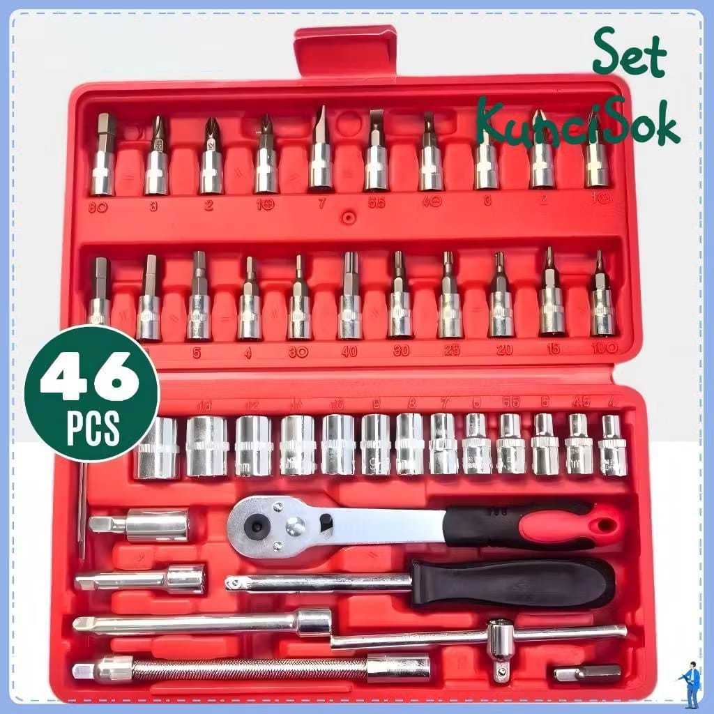 Kunci Shock 46 in 1 1/4 Socket + Obeng Socket Set Tools Kit Pas Ring L Motor Mobil Kunci/kunci l set
