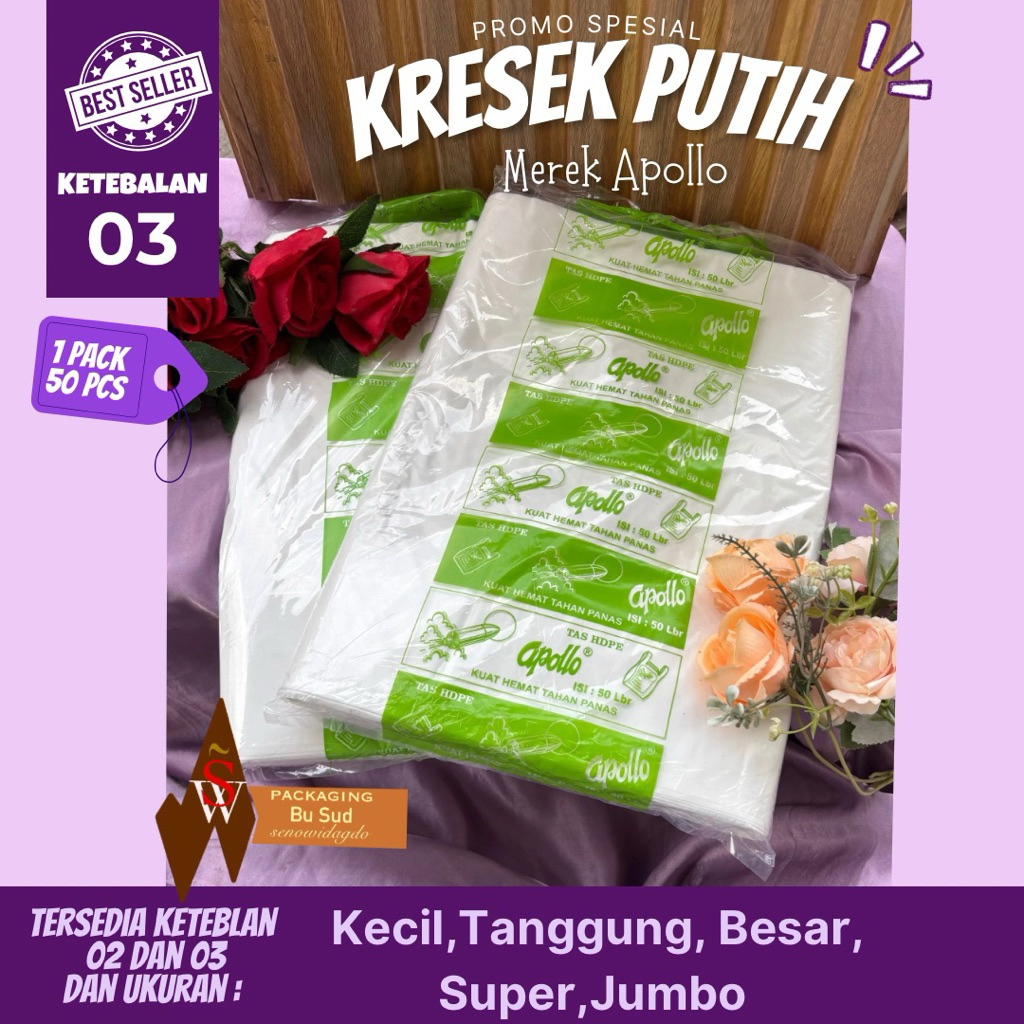 MURAH TAS KRESEK APOLLO JUMBO PUTIH  HARGA PABRIK  isi 50 pcs / tas kresek putih /kantong plastik mu