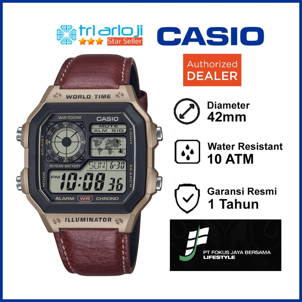 CASIO AE-1200WHL-5AVDF Jam Tangan Pria Digital Kulit AE-1200WHL-5A AE1200WHL AE1200 AE1200WH