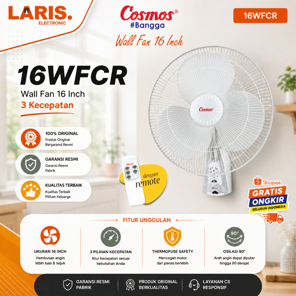 WALL FAN + REMOTE COSMOS 16WFCR 16inch/16 WFCR/16-WFCR/16-WFCR/16 WFCR/COSMOS ORIGINAL GARANSI RESMI