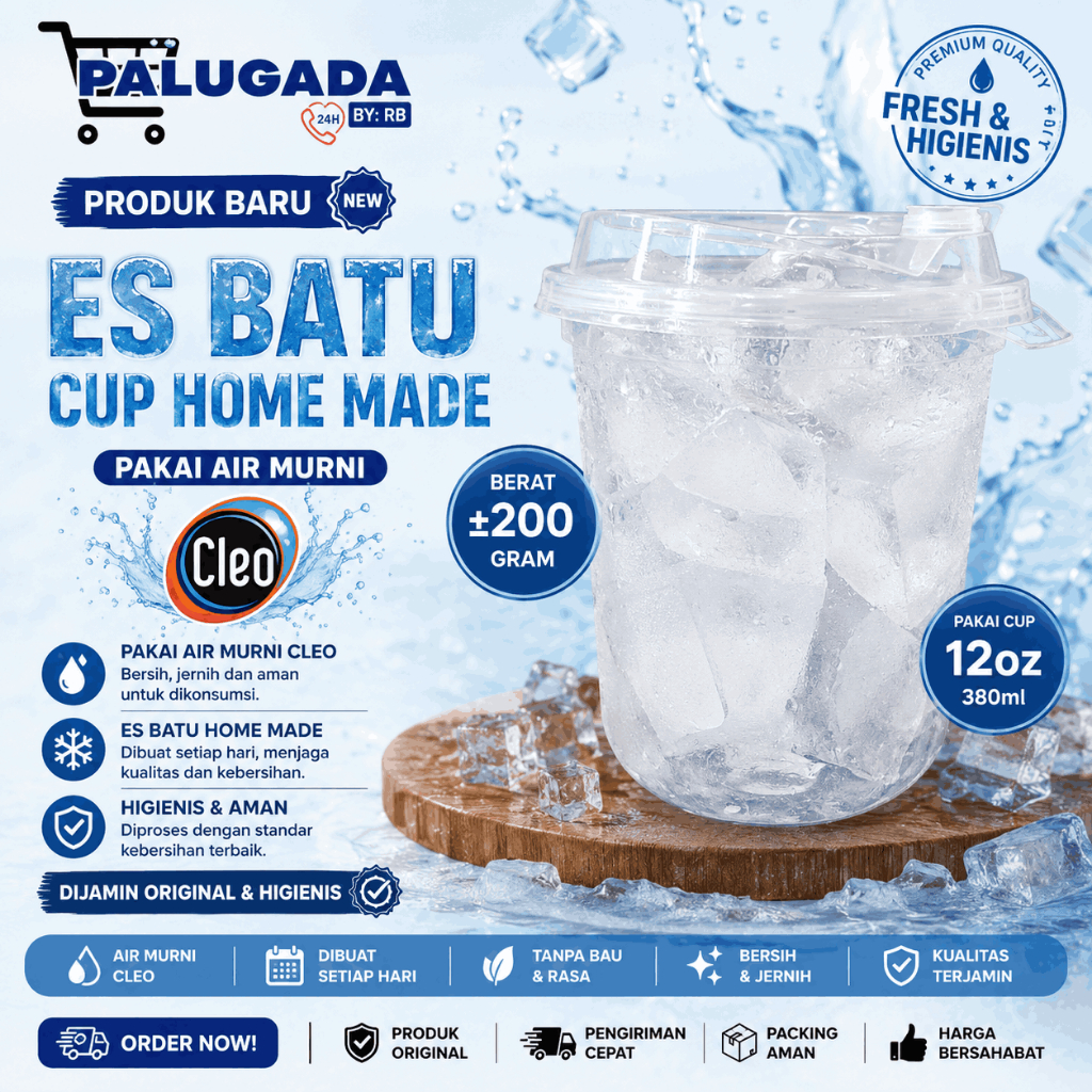 Es Batu Cup Home Made 12oz 380ml Pakai Air Murni Cleo Berat ±200 Gram - Samarinda Kota - Cocok untuk