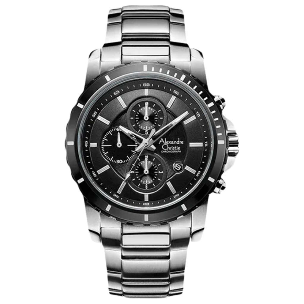 Galery Jam Tangan Alexandre Christie AC 6141 MCBTBBA Silver Dial Black Chronograph Stainless Steel S