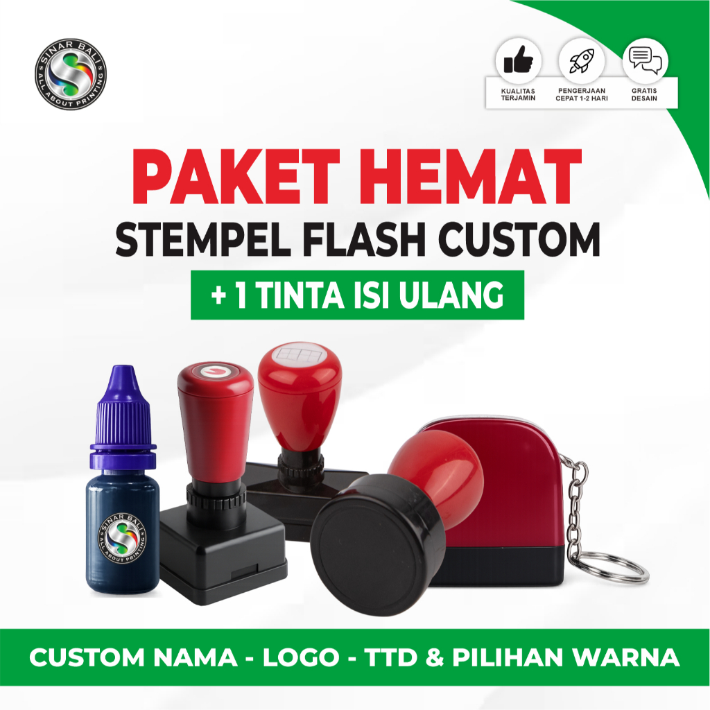 Paket Hemat Stempel Flash Kecil Custom + 1 Tinta Isi Ulang Custom Nama Logo TTD Pilihan Warna
