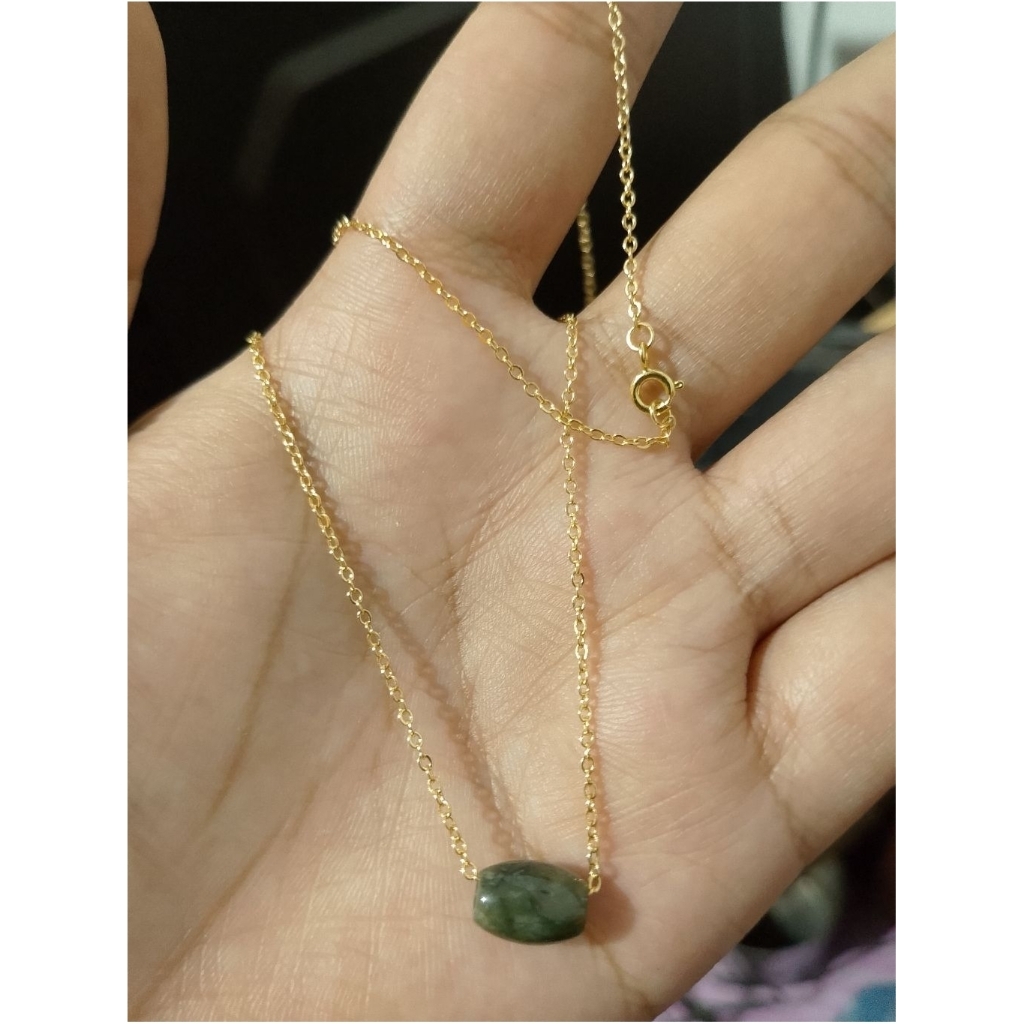 kalung giok burma minimalis, Dark green rantai Gold Filled