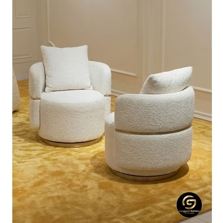 SOFA BULAT SINGLE Estetik/ BADROOM SOFA/ Italian Sofa Rotasi 360° Armchair dengan kaki list gold /So