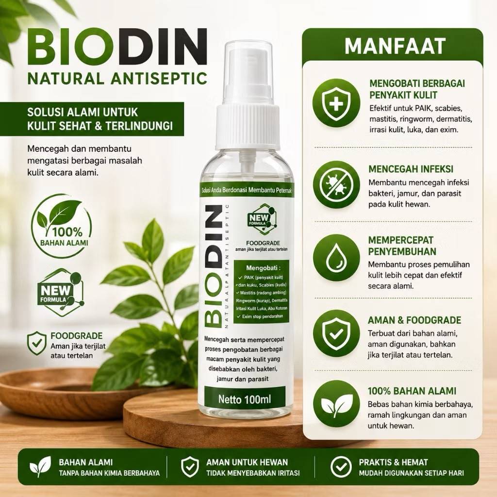 Biodin Spray Obat PMK Untuk Sapi, Kambing Ampuh Biodin Spray Kucing Obat Jamur Scabies Kucing100ml