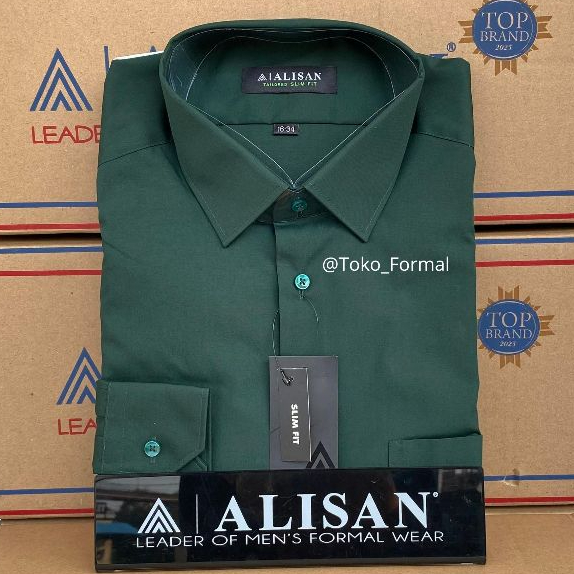 Kemeja Alisan Polos Hijau Botol Slimfit Panjang Original 100%