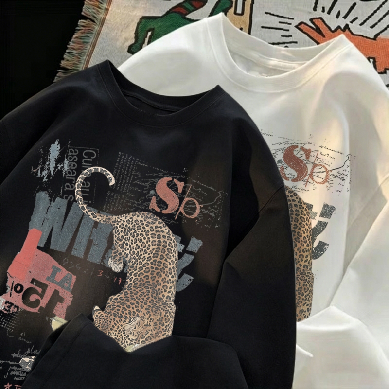 TINY Kaos Lengan Panjang Oversize Cewek Unisex Pria Wanita Warna Hitam Putih Motif Macan Tutul Kolas