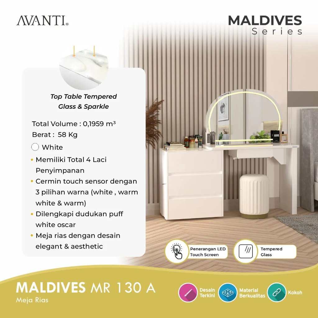 Meja Rias Minimalis Avanti Maldives MR 130 A LED Touch Sensor Cermin Bulat Tempered Glass 4 Laci Puf