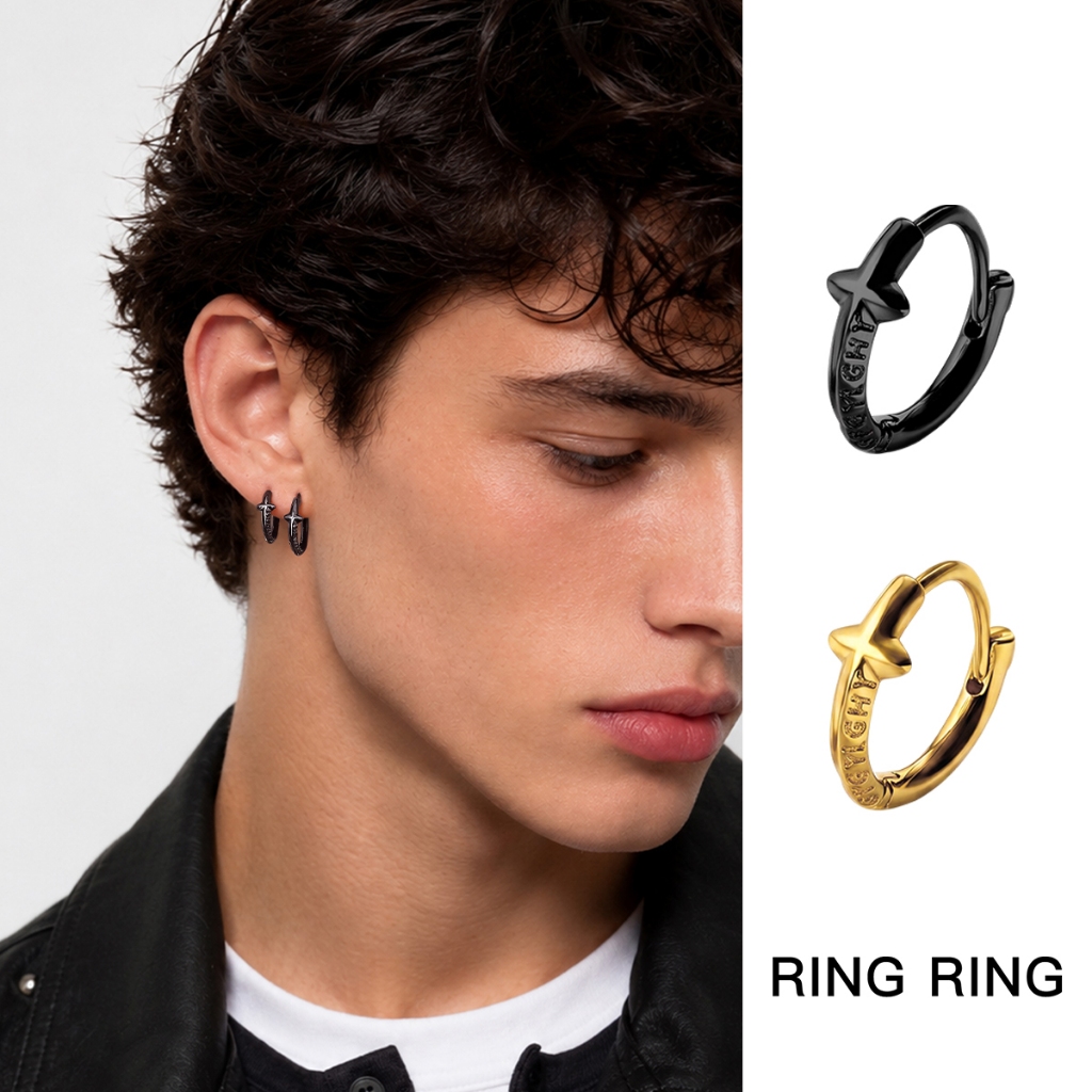 RINGRING Giwang Salib Hitam Minimalis Anting Aksesoris Telinga Tindik Telinga Baja Titanium Pria