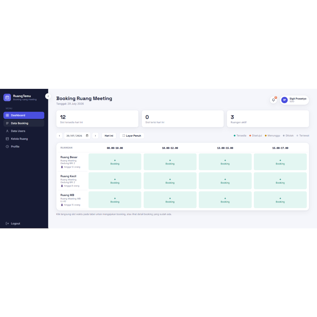 Dashboard Booking Ruang Meeting Digital Dengan Tabel Slot Waktu Dan Pilihan Ruangan