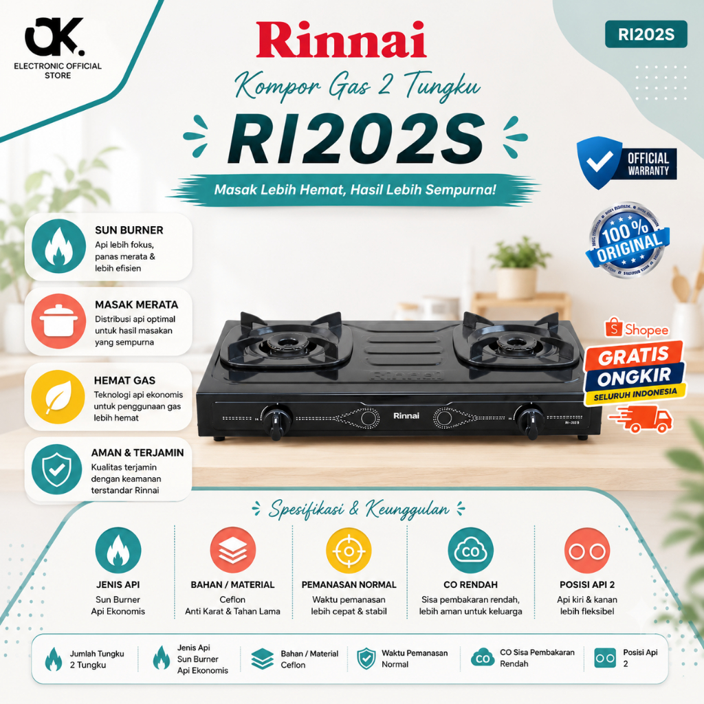 RINNAI KOMPOR GAS 2 TUNGKU RI 202S Kompor Gas/RI-202S/RI202S/202S/RI 202 S/ORIGINAL RINNAI/GARANSI